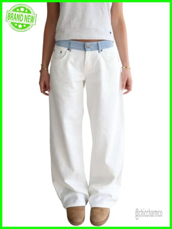 Denim - Womens Adjustable Mid Rise Wide Leg Jeans Baggy Denim Pants